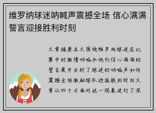 维罗纳球迷呐喊声震撼全场 信心满满誓言迎接胜利时刻