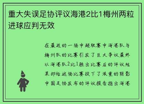 重大失误足协评议海港2比1梅州两粒进球应判无效